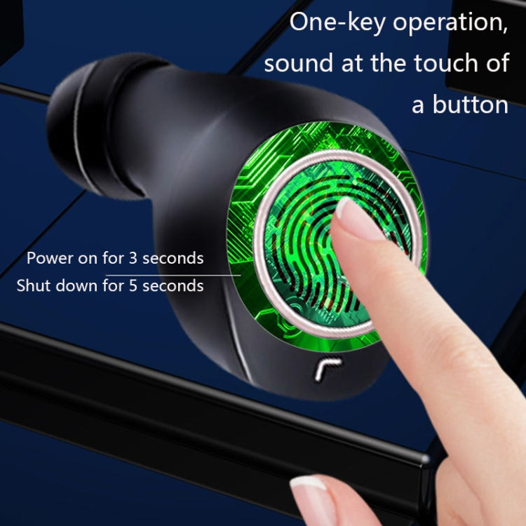 Black wireless earbud hearing aid with green glowing sensor ring and fingertip