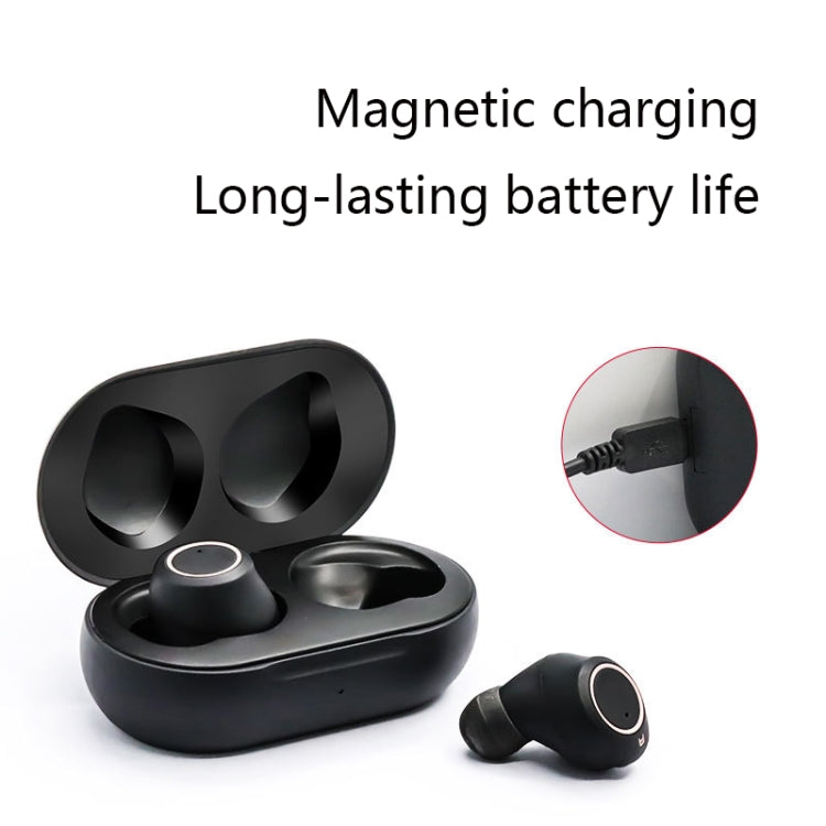 Black wireless earbud hearing aid kit with charging case and connected charger cable