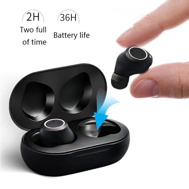 Black wireless earbud hearing aid with fingertip press and charging case