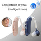 Two behind-the-ear Bluetooth hearing aids (beige and deep blue) with ear tips