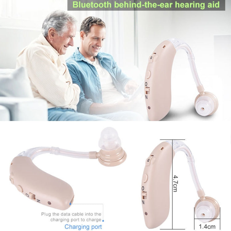 Beige behind-the-ear Bluetooth hearing aid with clear tube and round earbud