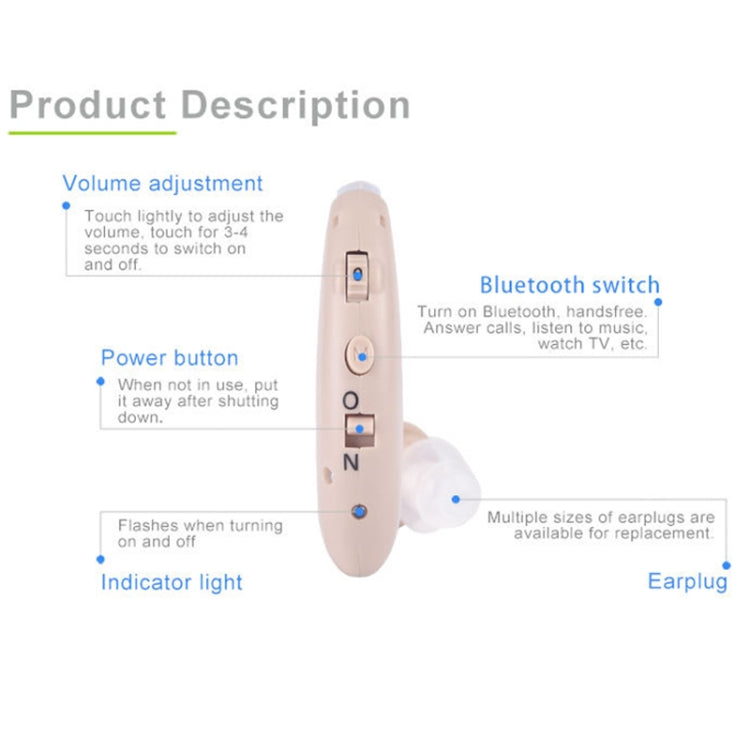 Beige behind-the-ear Bluetooth hearing aid showing control buttons and indicator light