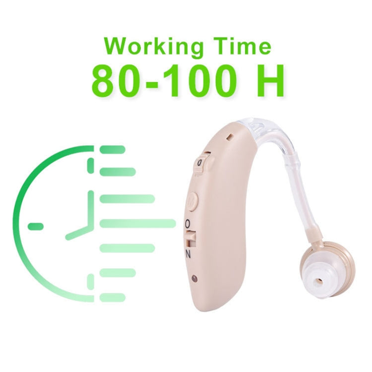 Beige behind-the-ear Bluetooth hearing aid with earbud and clear over-ear tube