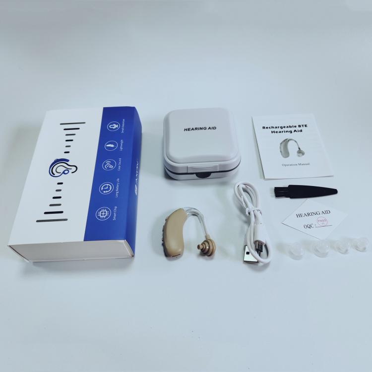 Bluetooth hearing aid kit with blue charging case, beige device, cable, and earbud tips