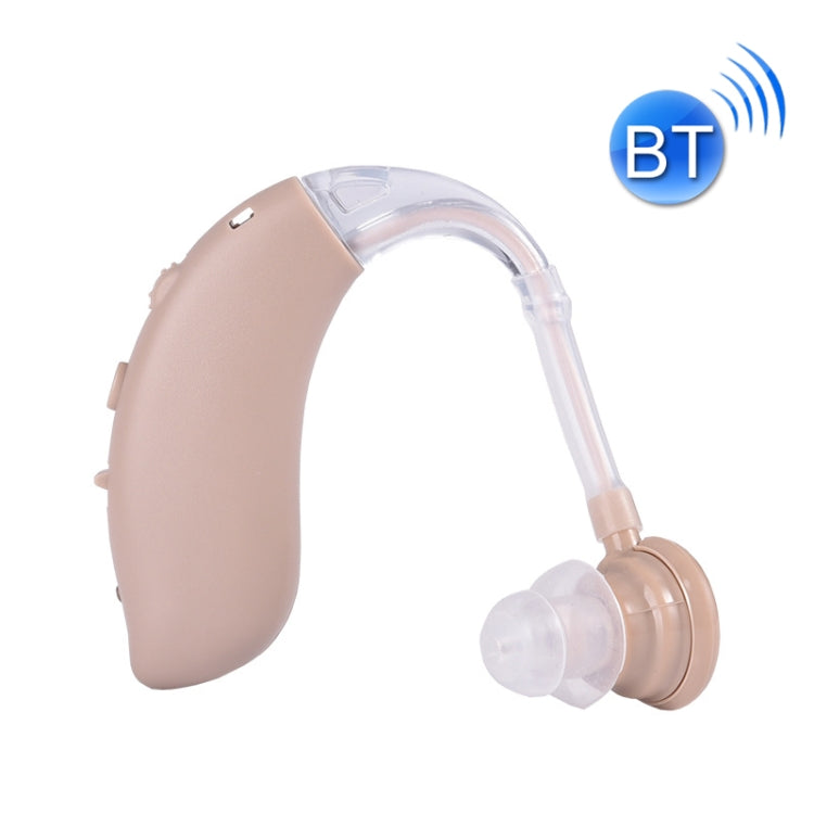 Beige behind-the-ear Bluetooth hearing aid with translucent ear tube and ear tip