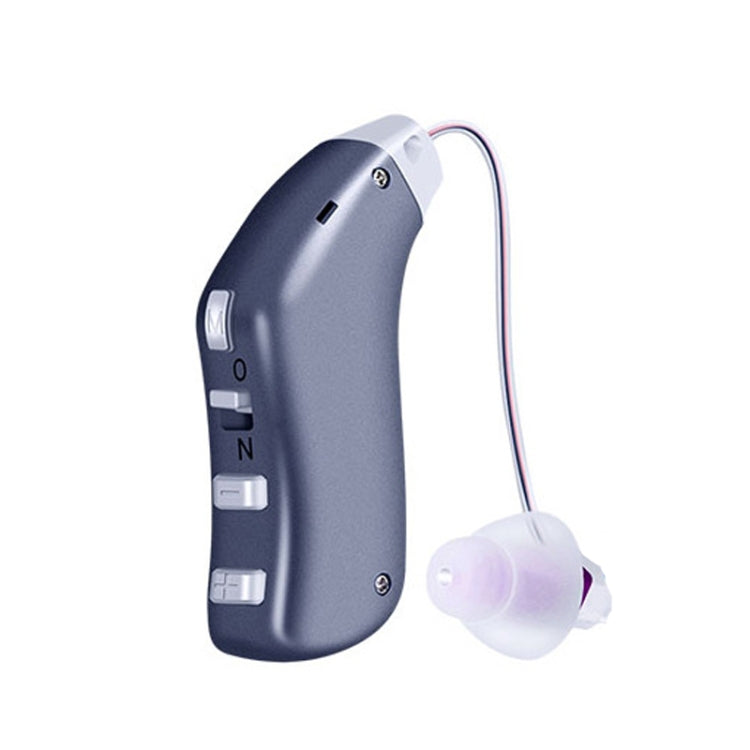 Blue behind-the-ear hearing aid amplifier with ear receiver and connected cord