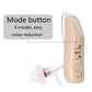Light tan hearing aid amplifier with mode button and connected ear receiver