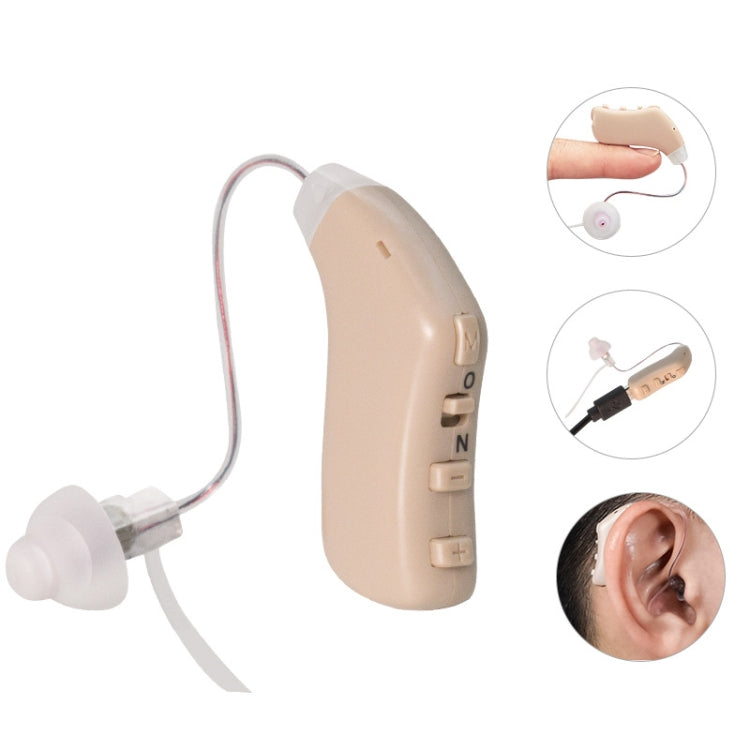 Light tan behind-the-ear hearing aid amplifier with connected ear receiver and controls