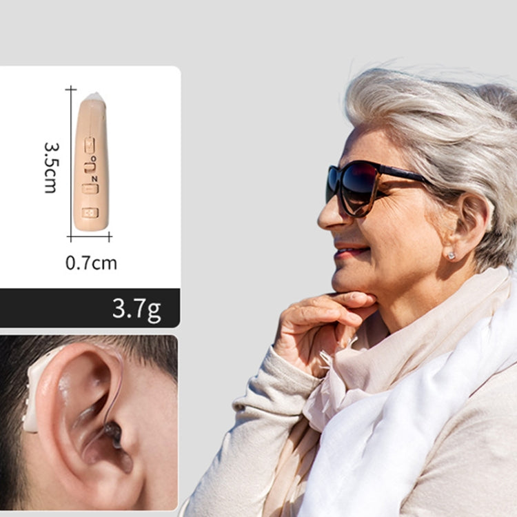 Lightweight hearing aid amplifier with ear receiver, size shown in inset