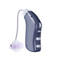 Blue behind-the-ear hearing aid amplifier with ear receiver and side control buttons