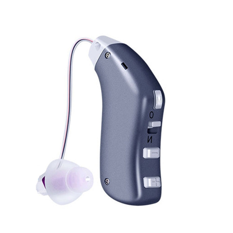Blue behind-the-ear hearing aid amplifier with ear receiver and side control buttons