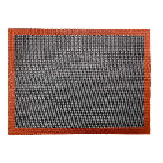 Gray non-stick baking mat with orange border, flat rectangle, breathable mesh texture.
