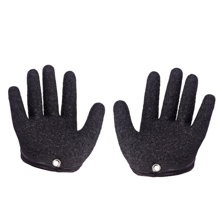 Pair of dark charcoal anti-skid latex fishing gloves, fingered design with snap eyelets