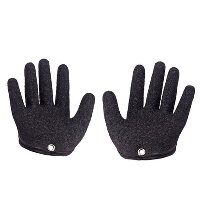 Pair of dark charcoal anti-skid latex fishing gloves, fingered design with snap eyelets