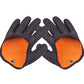 Pair of dark charcoal gloves with orange palm inserts and snap eyelets at wrists
