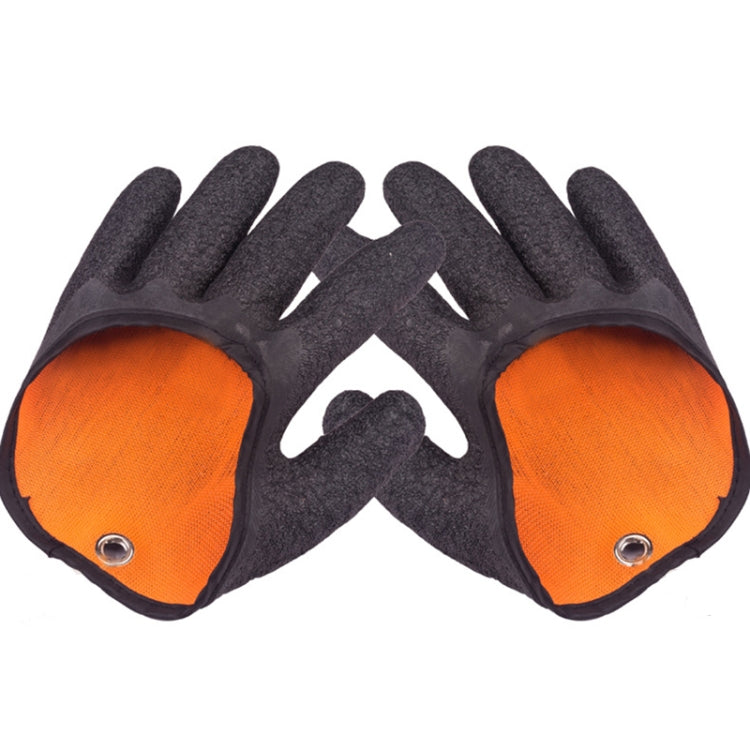 Pair of dark charcoal gloves with orange palm inserts and snap eyelets at wrists
