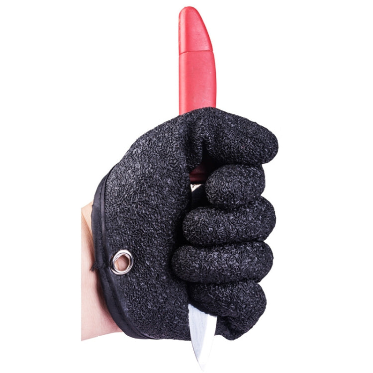 Dark charcoal fishing glove with loop eyelet and stacked fingers, red attachment at top