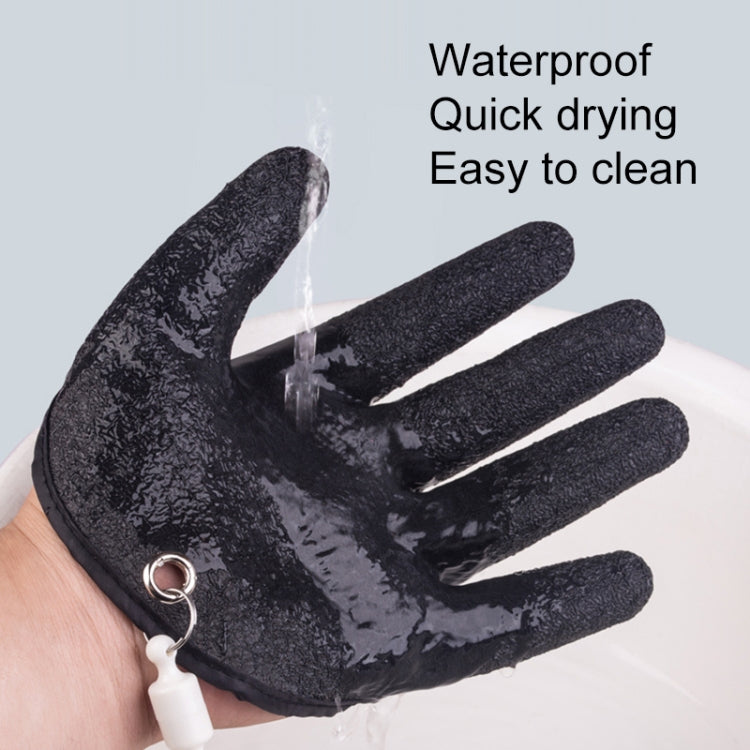 Dark charcoal anti-skid latex glove with water droplets on palm and fingers