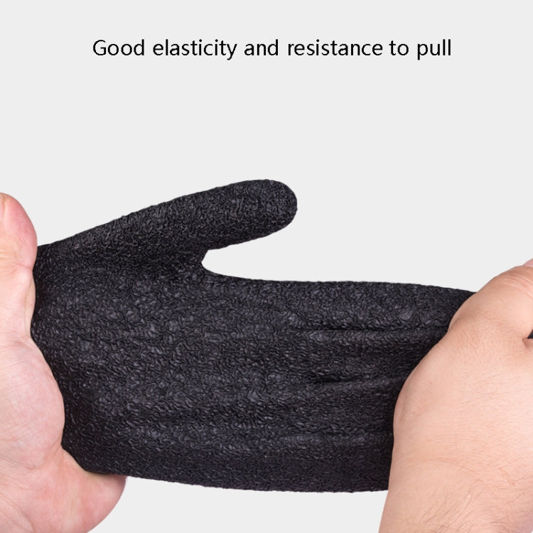 Single dark charcoal latex glove with elastic stretch and textured grip palm