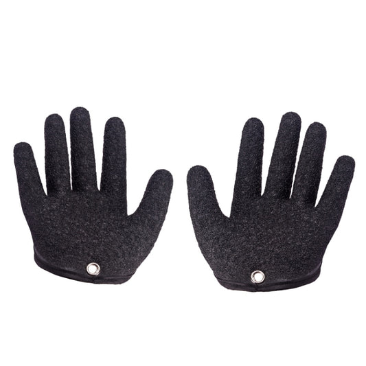 Pair of dark charcoal anti-skid latex fishing gloves, fingered design with snap eyelets