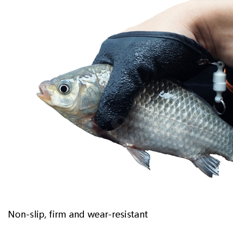 Dark charcoal glove gripping a silver fish, textured non-slip palm surface