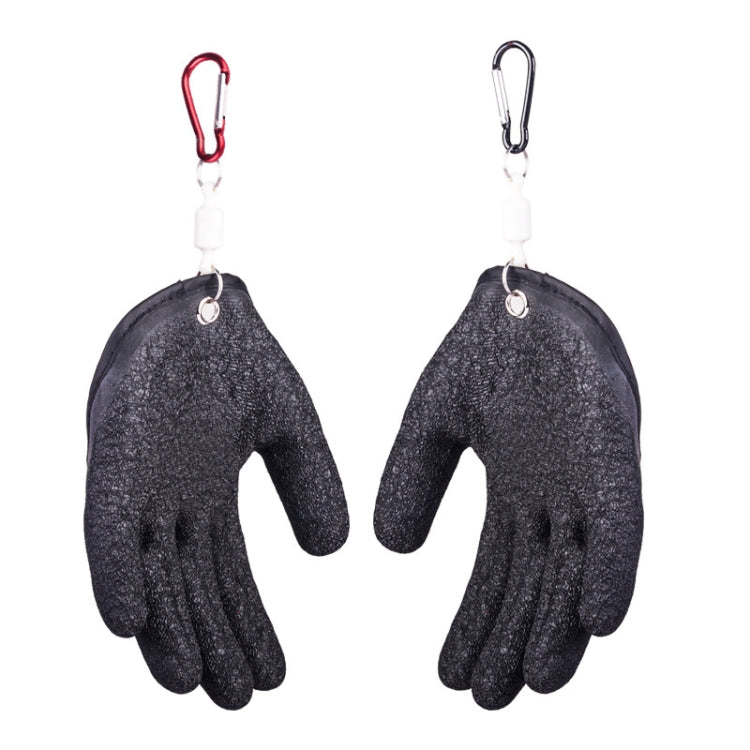 Pair of dark charcoal anti-skid gloves with carabiner hooks and white hanging tabs