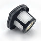 Vacuum filter element with gray pleated mesh and beige center ring, angled view
