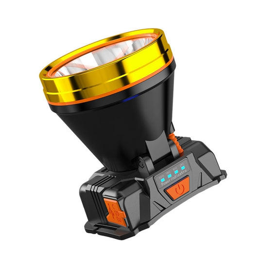 LED headlamp with black housing and gold ring, front lamp head and control switches