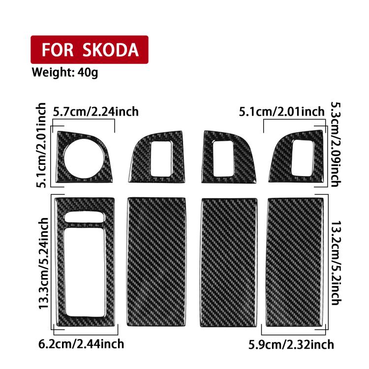 Window switch panel sticker set size chart for Skoda, with cutout piece dimensions