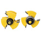Close-up of yellow 3-tooth milling cutter heads on metal shanks