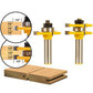 3-tooth milling cutters with yellow heads and steel 1/2 shanks; routed wood