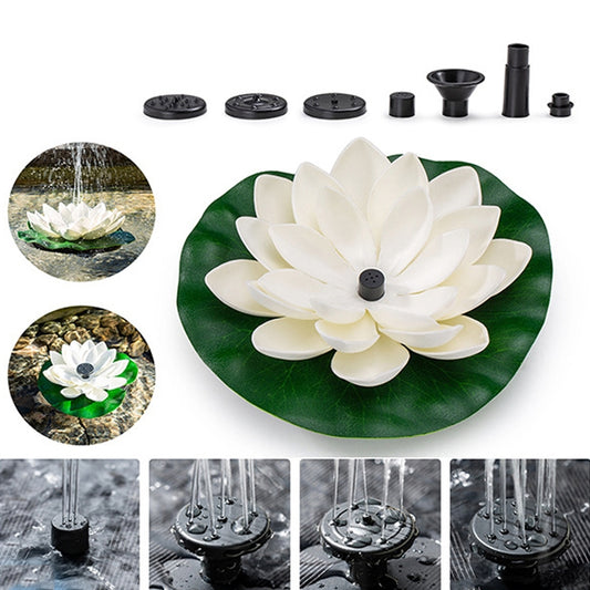 Floating lotus solar fountain with white flower on green leaf and dark water parts