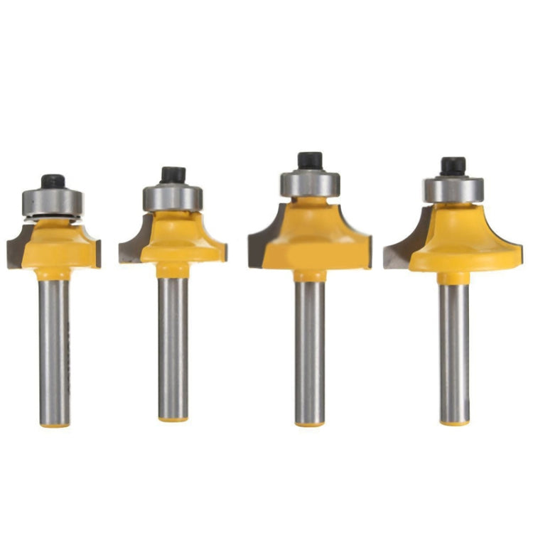Set of 4 woodworking router bits with yellow alloy heads and 1/4 shanks