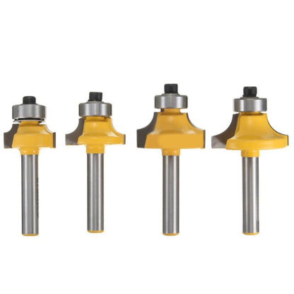 Set of 4 woodworking router bits with yellow alloy heads and 1/4 shanks