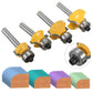 Four yellow router bits with metal shanks; colorful wood block samples shown