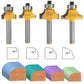 Four yellow router bits with metal shanks plus cutout size diagrams