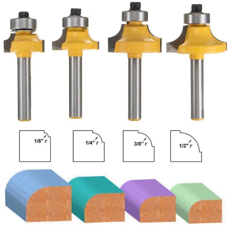 Four yellow router bits with metal shanks plus cutout size diagrams