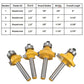 Four yellow router bits with metal shanks; spec chart shown above