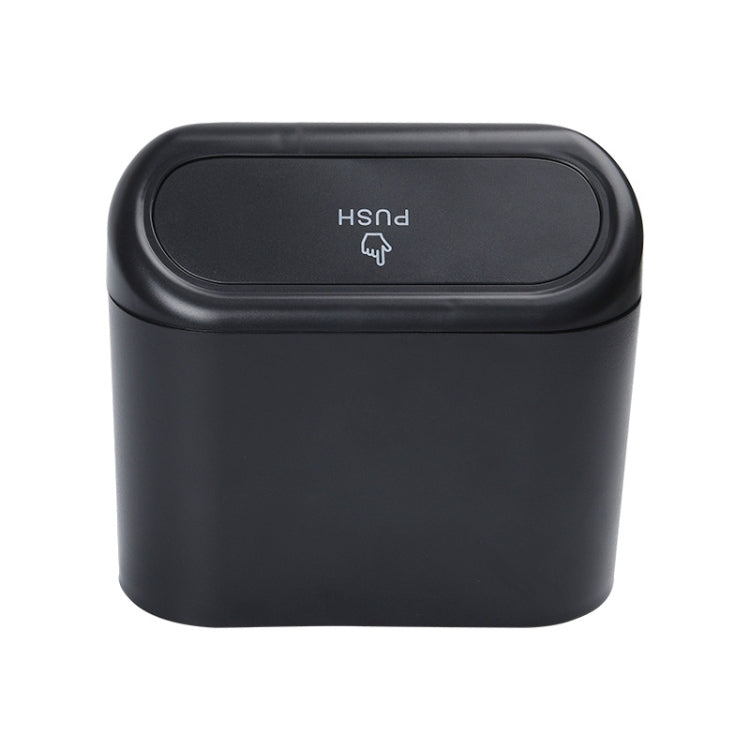 Black car trash can with oval flip lid and finger-push release icon