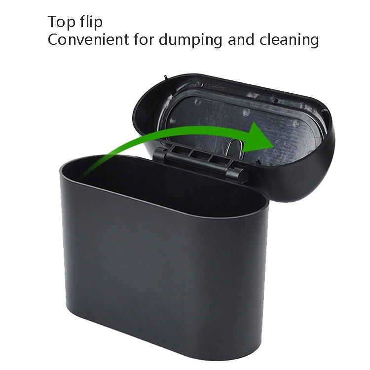 Open black car trash can with hinged flip lid and inner cover