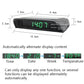 Car digital clock with front display, button controls, and size diagram