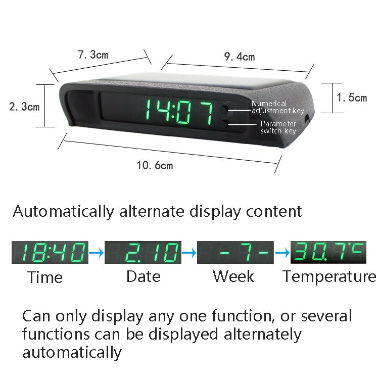 Car digital clock with front display, button controls, and size diagram