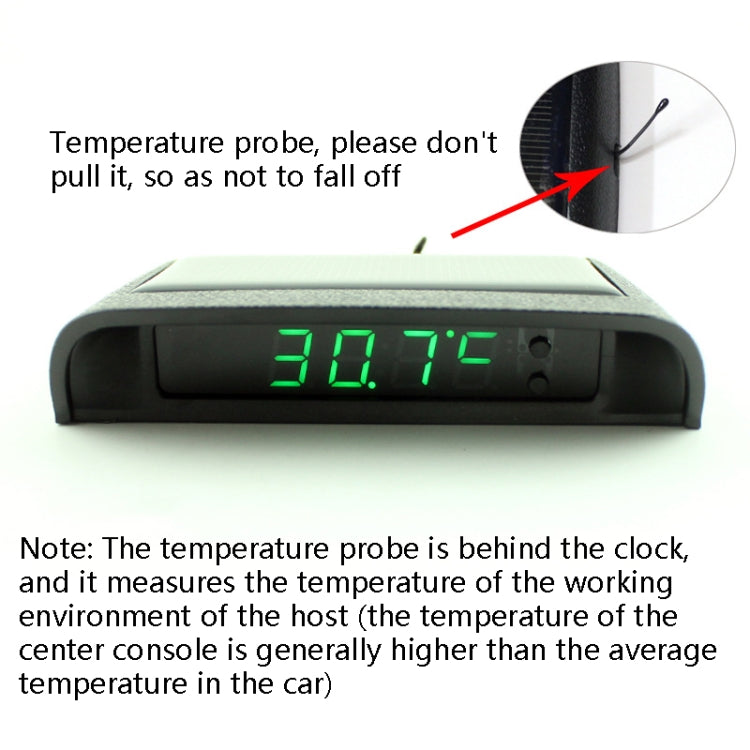 Car digital clock with temperature reading 30.7 and side sensor explanation