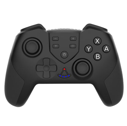 Black wireless game controller with vibration, twin thumbsticks, and face buttons