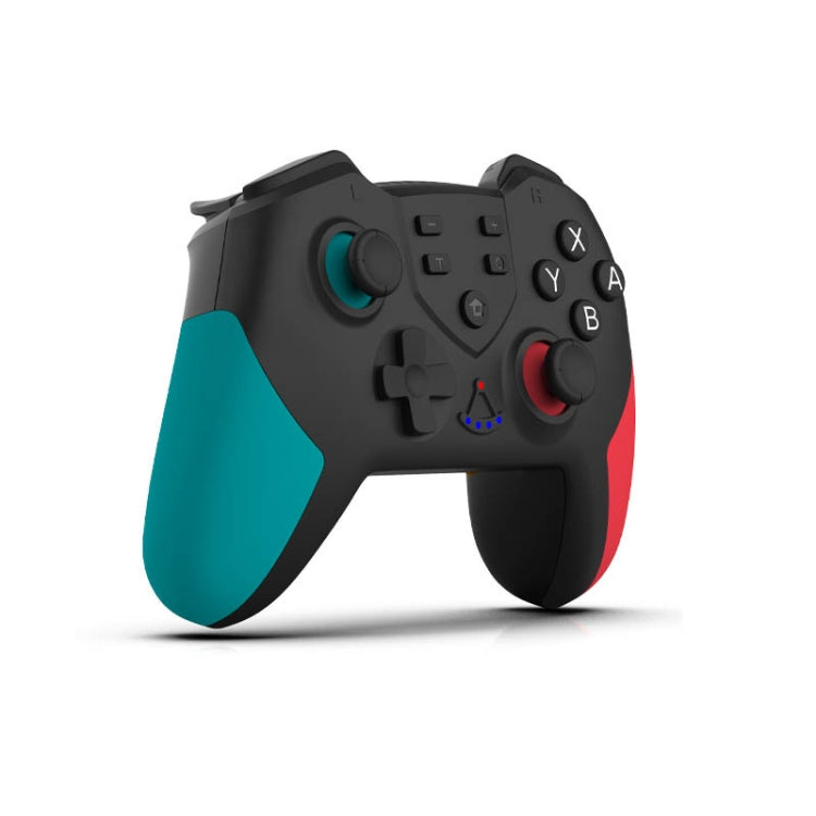 Black wireless game controller with teal and red grip accents, angled front view