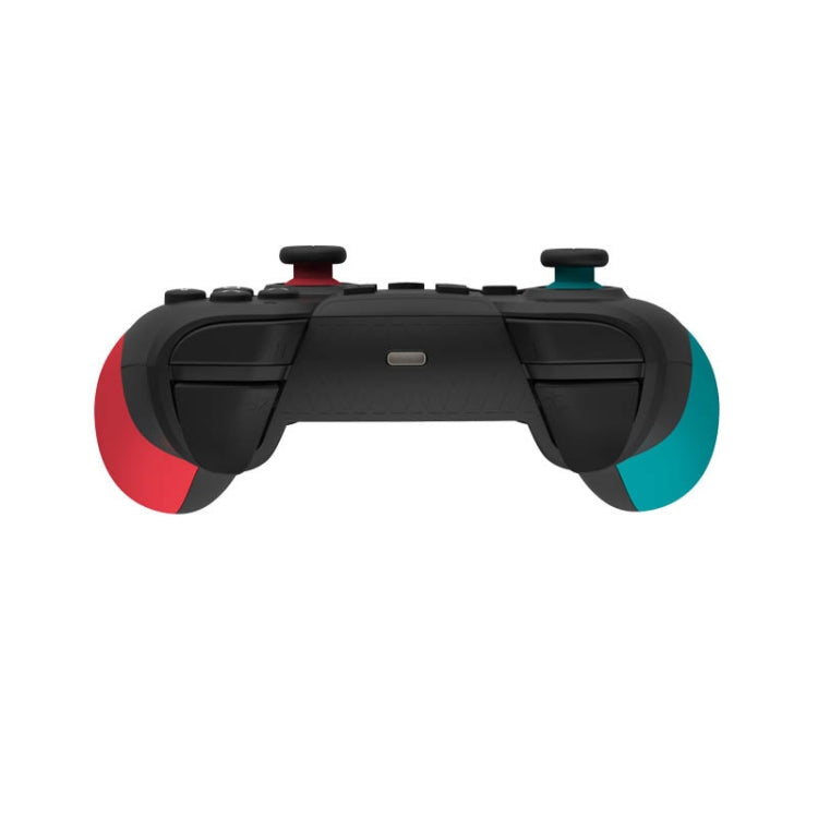 Wireless game controller top view with red and teal grip accents and shoulder buttons