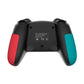 Back view of black wireless game controller with teal and red grip accents