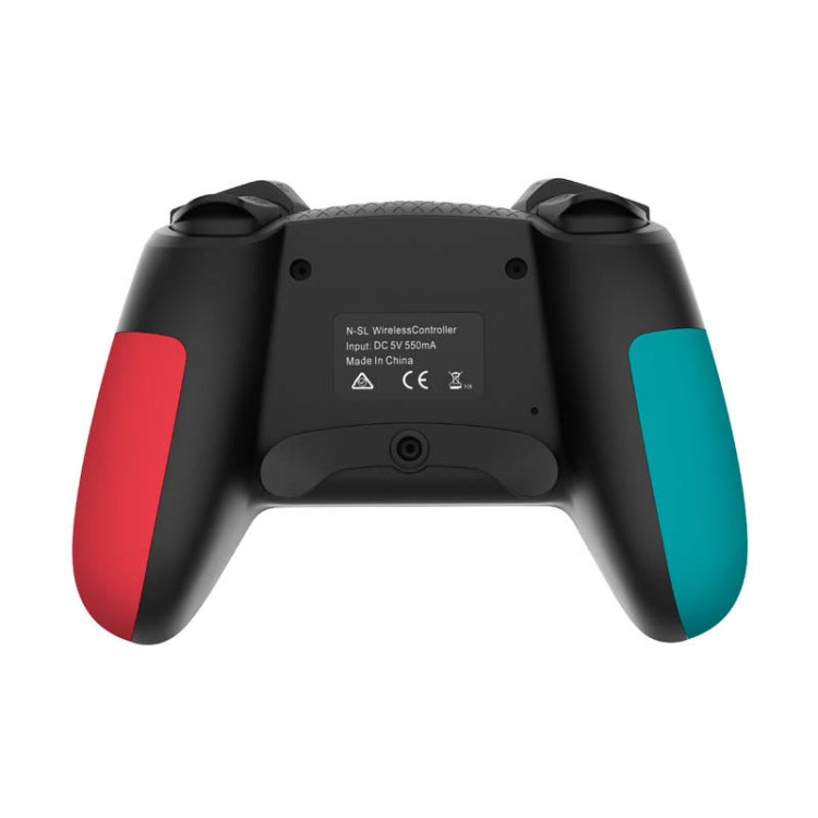 Back view of black wireless game controller with teal and red grip accents