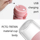 Pink mini juicer lid with USB charging port and compact travel cup body