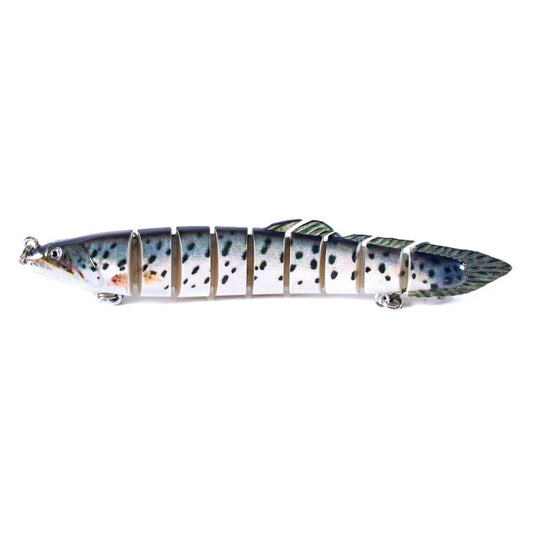 Multi-segment fake fish bait lure, silver body with blue head and black speckles